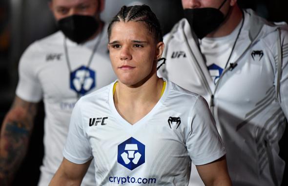 Ariane Carnelossi of Brazil prepares to fight Istela Nunes of Brazil in a strawweight fight during the UFC Fight Night event at UFC APEX on October 16, 2021 in Las Vegas, Nevada. (Photo by Chris Unger/Zuffa LLC)